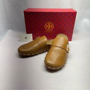 Tory Burch Tan Leather Mules with Gold Studs